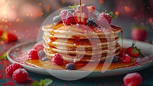 morning breakfast delight, tall stack of fluffy pancakes topped with fruit and syrup, a scrumptious homemade breakfast photo