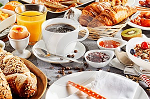 Morning breakfast food set on table