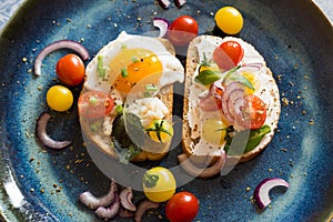 Morning breakfast toast with egg, bread, cherry tomatoes, onion, and cheese.