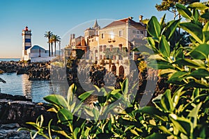 Morning in Cascais, Portugal with the famous Santa Marta Lighthouse and Museums visible