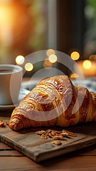 Morning charm Breakfast table with croissant, cup, and bokeh background