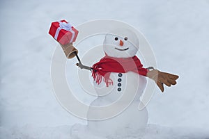 The morning before Christmas. Snowmen. Christmas snowman on white snow background. Snowman wish you Merry Christmas and