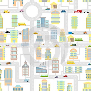 Morning city seamless pattern. Texture Cartoon cute map for bab