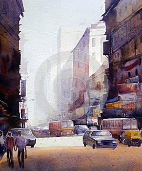 Morning City Street - Watercolor on paper painting