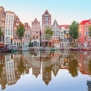 Morning city view of Amsterdam canal Herengracht