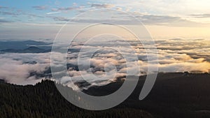 Morning Cloud Courtain In Mountains Aerial View