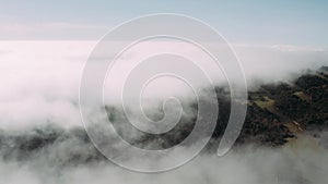 Morning cloud fog or mist over countryside road along agriculture green field