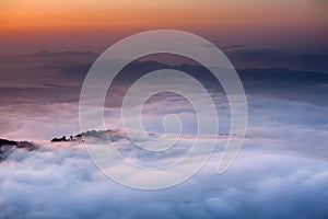 Morning clouds below Sarangkot view point near Pokhara in Nepal