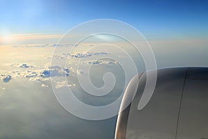 Morning cloudy sunrise with Wing of an airplane. picture for add text message or frame website. Traveling concept