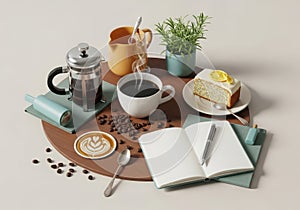 Morning coffee break with cake and notebook for planning