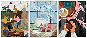 Morning coffee in cafe concept vector illustration. People at a table in a restaurant drink tea. Friends meeting for