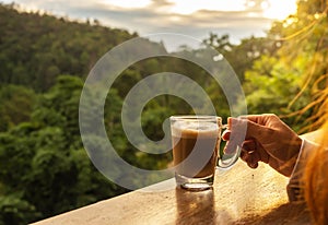 Morning coffee concept. hand holding hot coffee cup with lush green jungle background, sunrise through the forest, copy-space