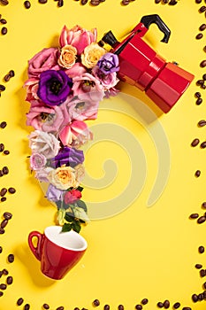 Morning coffee concept. Coffee maker, coffee cup and flowers.