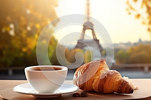 Morning coffee with croissants against Eiffel Tower in Paris.