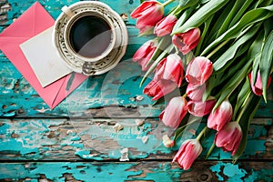 Morning coffee cup with bouquet of pink tulips on blue background. Hot drink with spring flowers