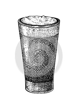 Morning coffee cup - hand-sketched illustration. Vector sketch of glass with aromatic cappuccino. Coffee with milk sketch. Hot