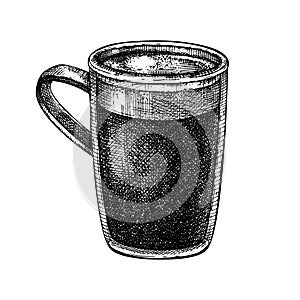 Morning coffee cup - hand-sketched illustration. Vector sketch of  mug with aromatic americano coffee. Hot drink hand-drawing