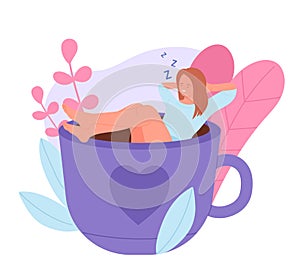 Morning coffee cups with sleepy tired woman