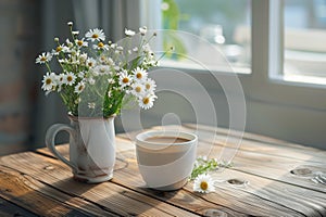 Morning Coffee with Fresh Daisies AI Generated