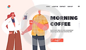 Morning Coffee Landing Page Template. Break, Lunch Time In Office Concept. People Talking And Drinking Beverage