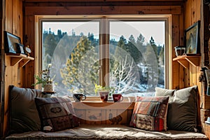 morning coffee routine inside a cozy mountain cabin window seat