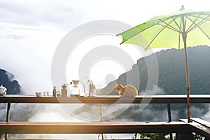 Morning coffee set Leisure corner Views of the mountains and fog