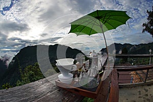 Morning coffee set Leisure corner Views of the mountains and fog