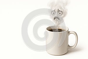 Morning coffee with steam in the form of a sad face. Space for text.