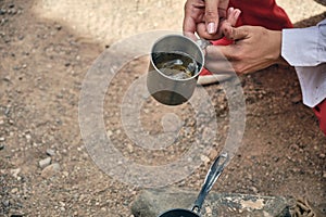 Morning coffee for yourself at a picnic