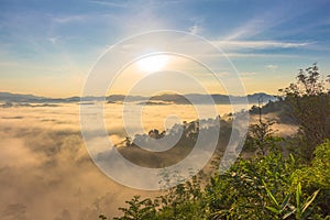 In the morning the cold weather is make floating fog on the mountain as a sea of mist