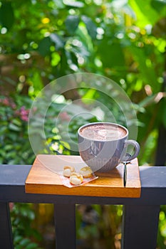 Morning cup of hot chocolate or coffee with fantastic green garden on background