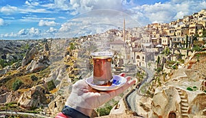 Morning cup of tea with view of ancient Nevsehir cave town