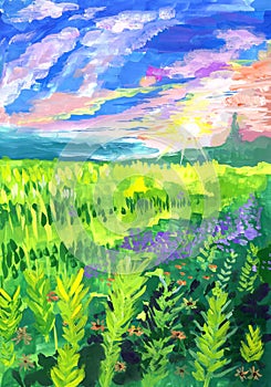 Morning dawn over a flowering meadow. Children`s drawing