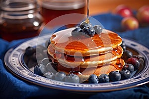 Morning Delight: Stack of Pancakes with Syrup and Blueberries