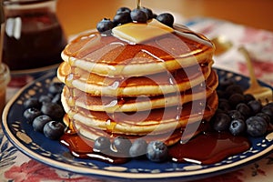 Morning Delight: Stack of Pancakes with Syrup and Blueberries