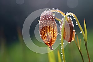 morning dew on bee orchid petals and stem