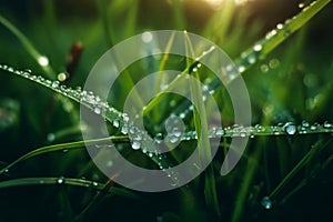 Morning Dew: A Close-up Illustration of Grass with Mountain Dew Drops. Ai generated