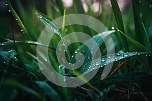 Morning Dew: A Close-up Illustration of Grass with Mountain Dew Drops. Ai generated