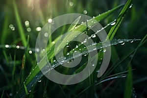 Morning Dew: A Close-up Illustration of Grass with Mountain Dew Drops. Ai generated