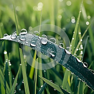 Morning Dew Drops on Lush Green Grass Blades photo