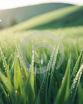 Morning Dew Glistens on Blades of Grass Under Soft Sunlight in a Tranquil Outdoor Setting. photo