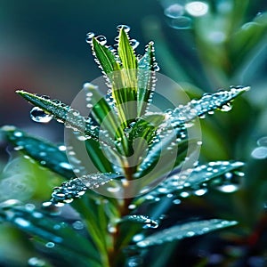 Morning dew on the green leaves of a bush in the garden.