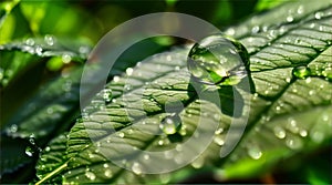 Morning dew on greenery with sunlight reflecting through a water droplet