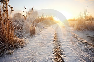 morning dew on a snow-bound country pathway