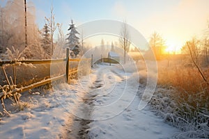 morning dew on a snow-bound country pathway