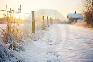 morning dew on a snow-bound country pathway