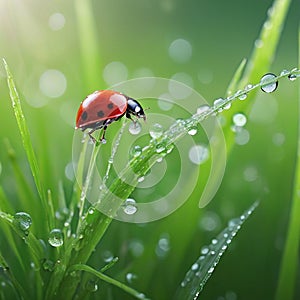 Morning dew on spring grass and little ladybug, natural background. Selective focus