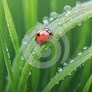 Morning dew on spring grass and little ladybug, natural background. Selective focus
