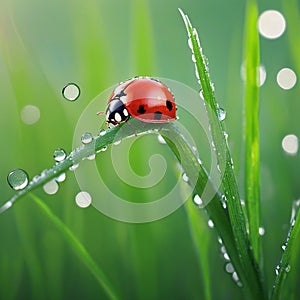 Morning dew on spring grass and little ladybug, natural background. Selective focus