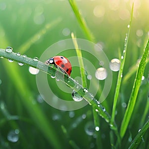 Morning dew on spring grass and little ladybug, natural background. Selective focus